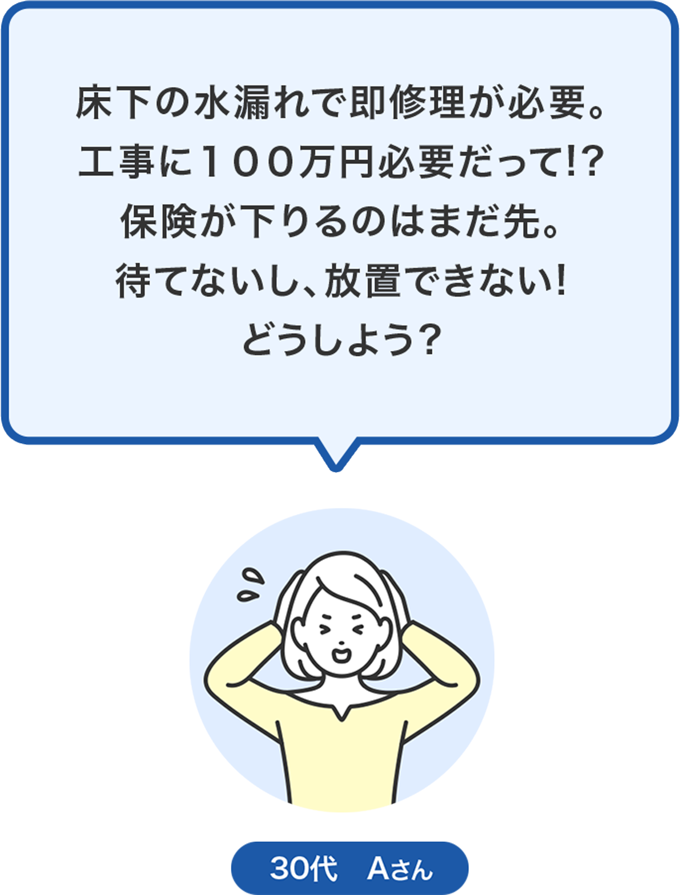 床下の水漏れで即修理が必要。工事に１００万円必要だって!?保険が下りるのはまだ先。待てないし、放置できない!どうしよう?　30代　Aさん